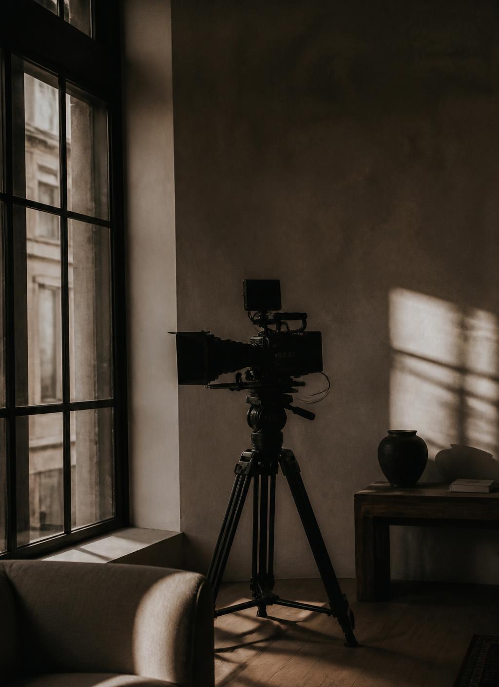 Cinema camera beside a window in natural light